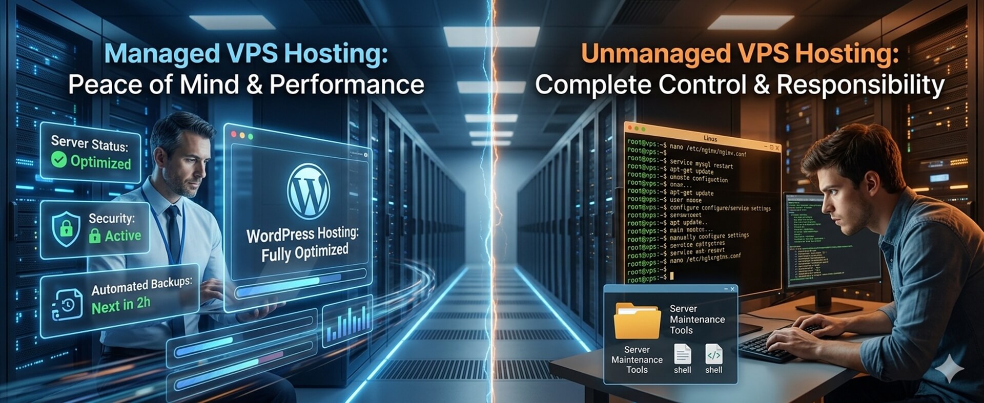 Managed vs Unmanaged VPS comparison illustration