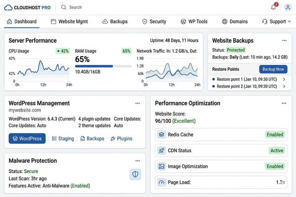 Managed VPS hosting dashboard with automated server management