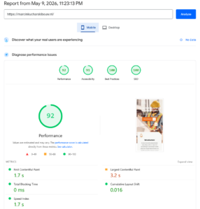 Mobile PageSpeed performance results for the Marcin Kucharski Bouw website