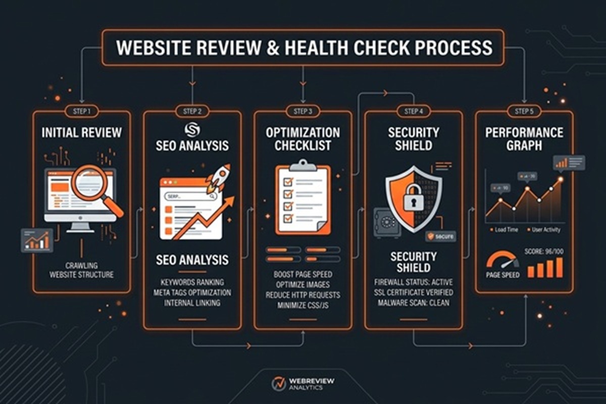 Website review process showing SEO performance and security analysis